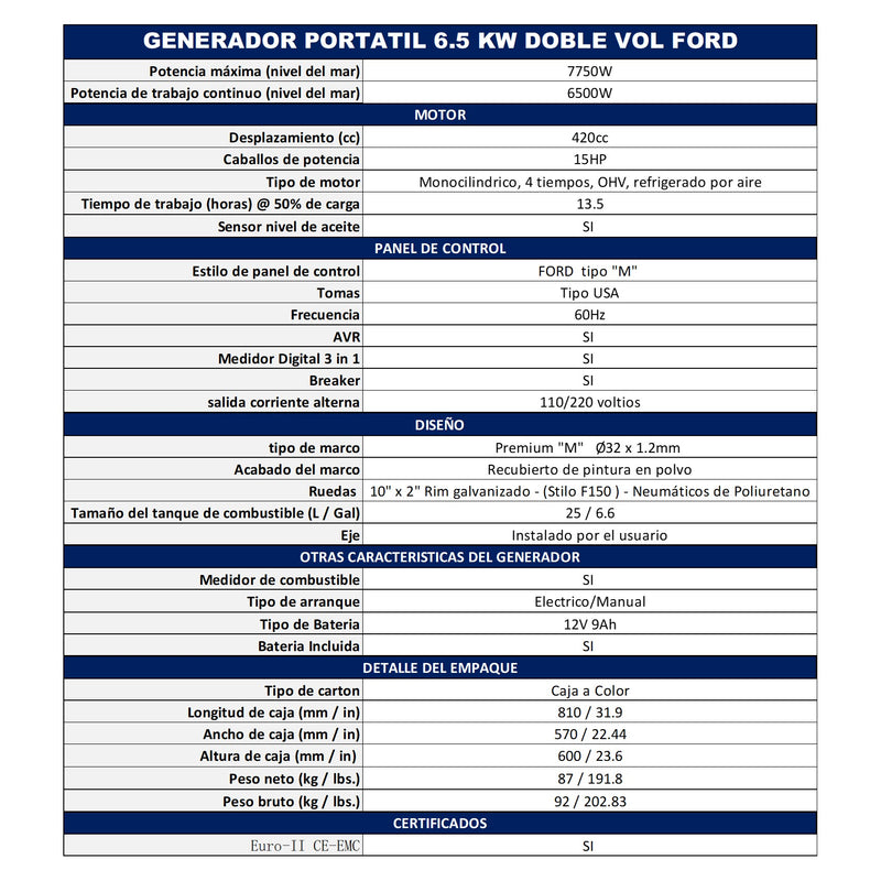 Generador Portátil Abierto Potencia de 6.5 KW con Ruedas Ford