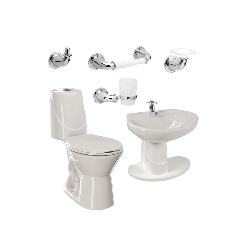 Combo Happy II Bone: sanitario, lavamanos con semipedestal, grifería y accesorios