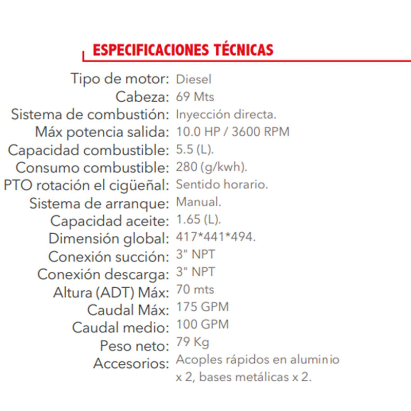 Motobomba Diesel Alta Presión 3X3 Pulg, Motor Tipo Fa, 10 Hp TX186FA-3H-PY