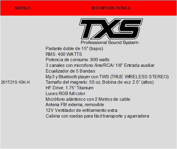 Cabina  Activa 15 pulgadas Doble Parlante 10000 Watts T215-10K-H