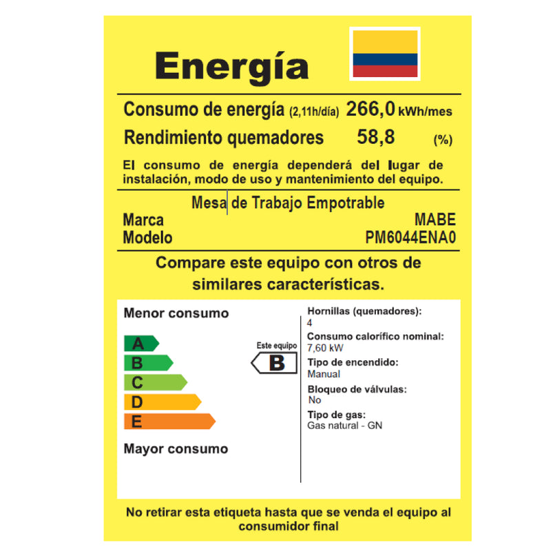 Cubierta Mabe 60x44 4 Puestos de 110V Gas Natural Inoxidable