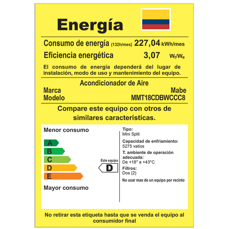 Aire Conv Mabe On/Off 18000BTU 220V Color Blanco MMT18CDBWCCC8