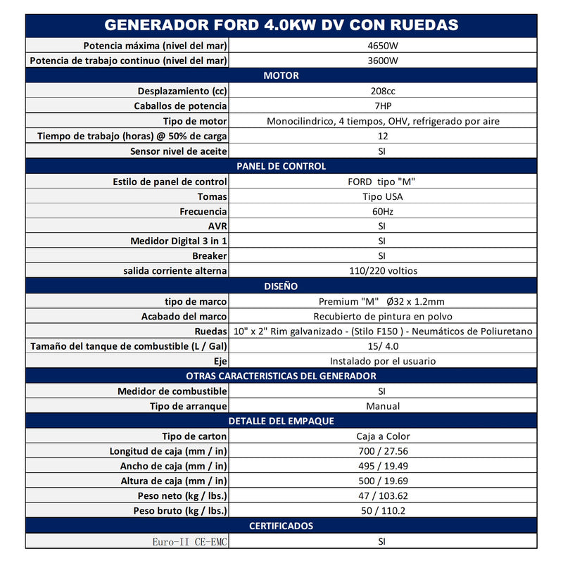 Generador Portátil Abierto Marca Ford Potencia De Trabajo 4.0 KW