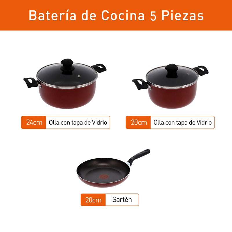 Bateria Colors 5 Piezas Antiadherente Tapa de Vidrio Rojo 5861032994