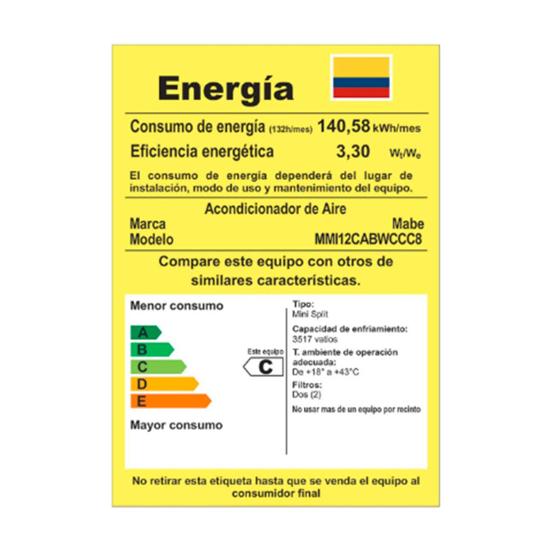 Aire acondicionado Mabe INVERTER 12 mil btu 110vlt.