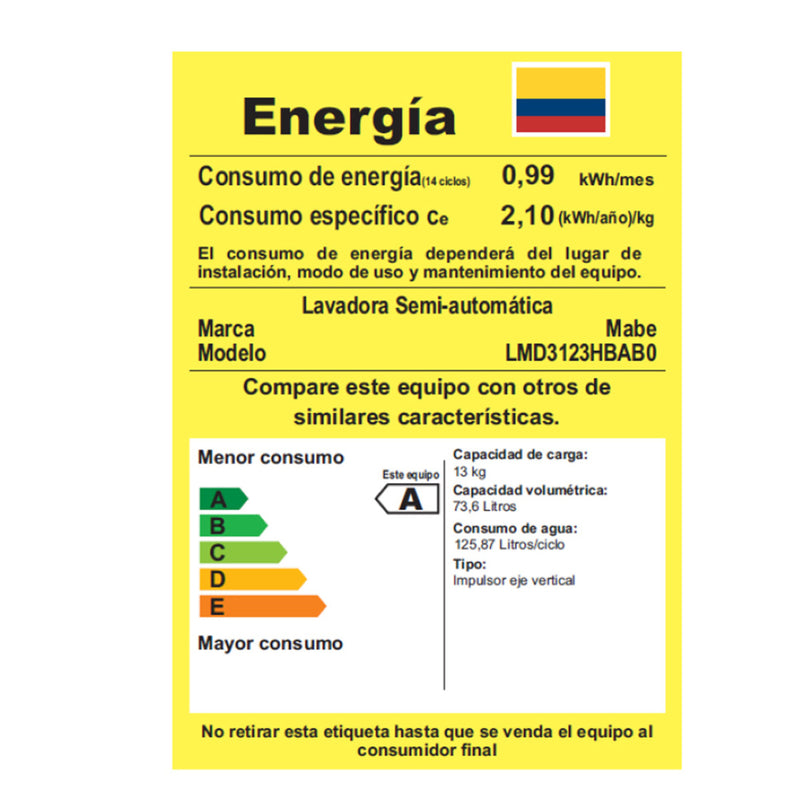 Lavadora Semiautomática de 13 Kg 28 Libras Blanco. LMD3123HBAB0