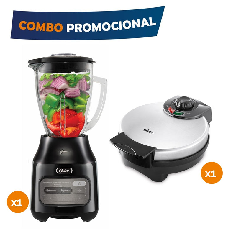 Combo Licuadora Oster Vaso Vidrio 1.5 Lt 3V Negro + Waflera Belga Antiadherente Gris COMBOVALUEWAFLE