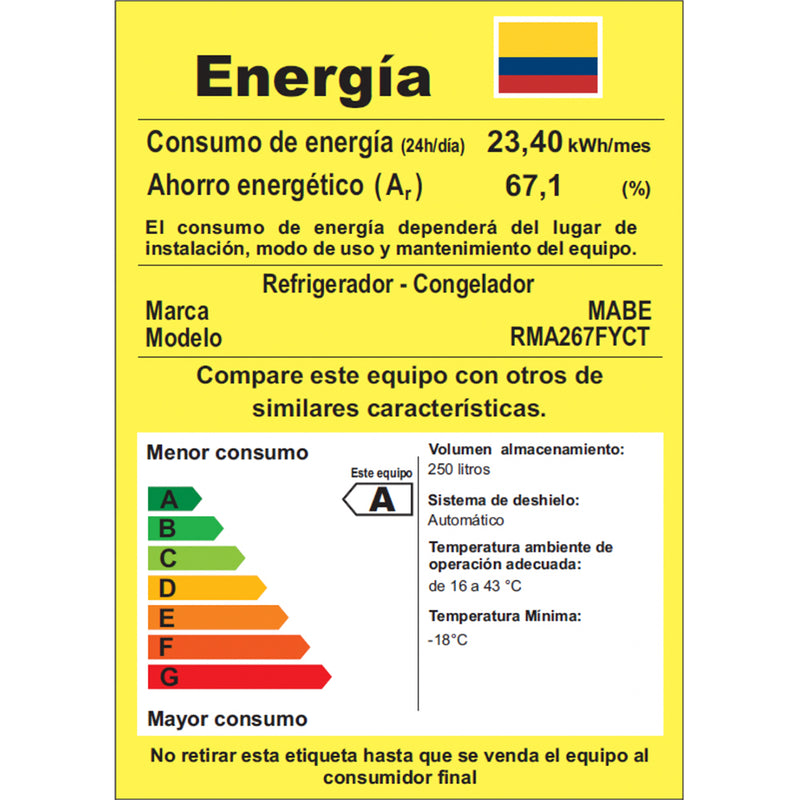 Nevera No Frost Mabe de 267 Litros Platinum RMA267FYCT