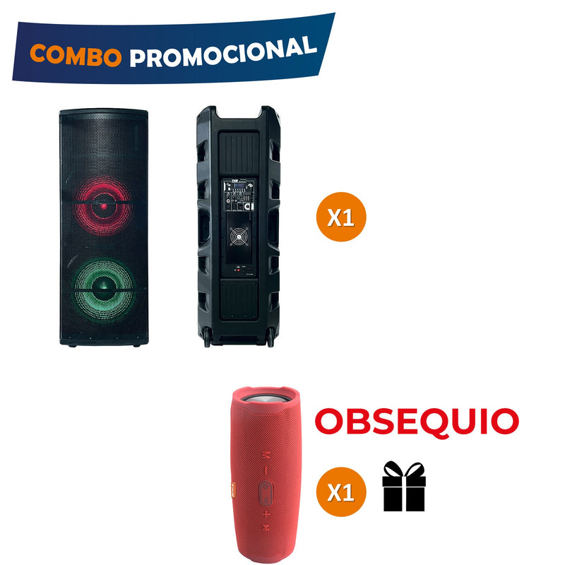 Combo 1 Cabina Activa de 15" Doble Parlante 10000W+Obsequio Parlante Portátil Exteriores 16W Rojo