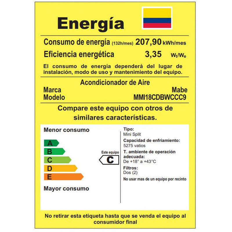Aire Inverter Mabe 18000 BTU 220V Blanco MMI18CDBWCCC9