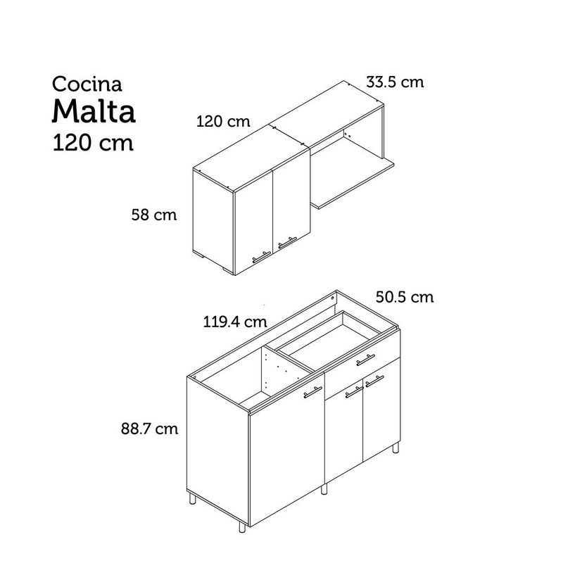 223776-220035    1.20m Cocina Malta /Pozuelo Derecho/Chantillí/2 Puestos/Fluens