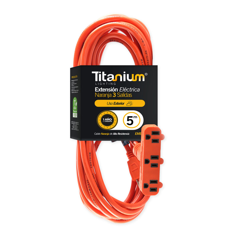 Extensión de 5 Metros para Exterior Naranja 3x14 Titanium x 3 Salidas x 1 Unidad