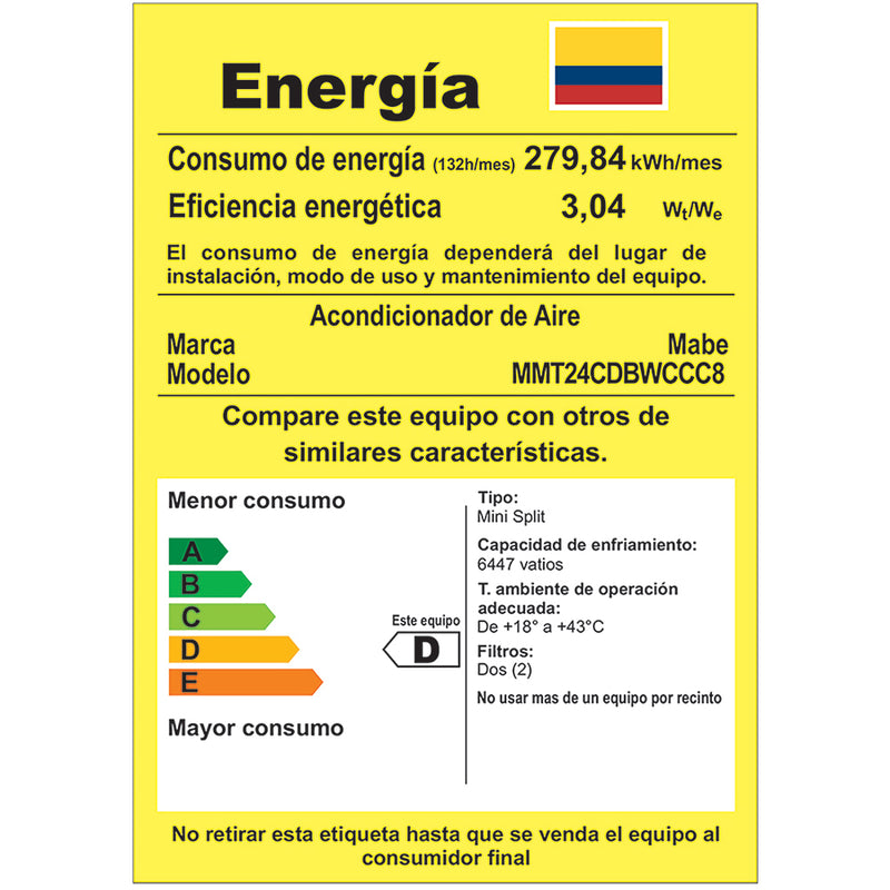 Aire Conv Mabe On/Off 24000BTU 220V Color Blanco MMT24CDBWCCC8