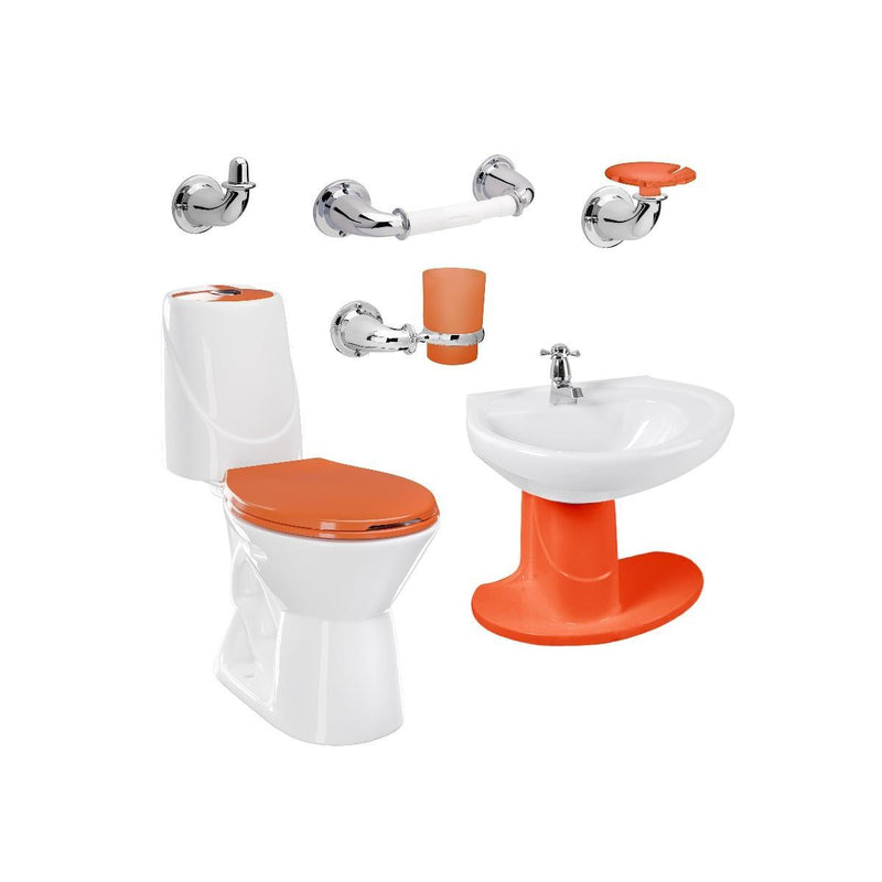 Combo Happy II Naranja: sanitario, lavamanos con semipedestal, grifería y accesorios