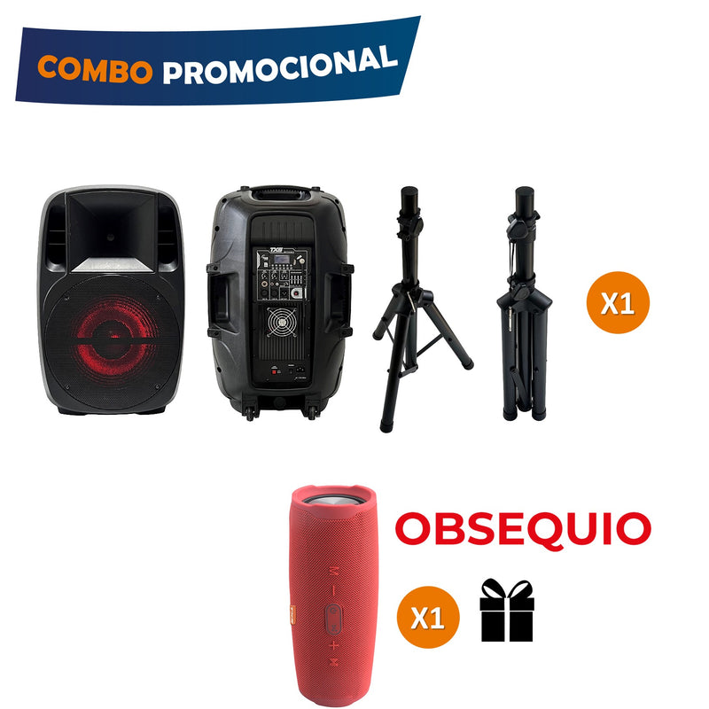 Combo 1 Cabina de 6000W 15" con Tripode+Parlante Portatil Exteriores 16W Rojo