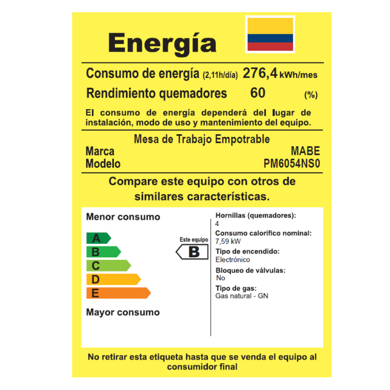 Cubierta de Empotrar a Gas Natural 60x50Cm 4 Puestos F 110V Inoxidable PM6054NS0