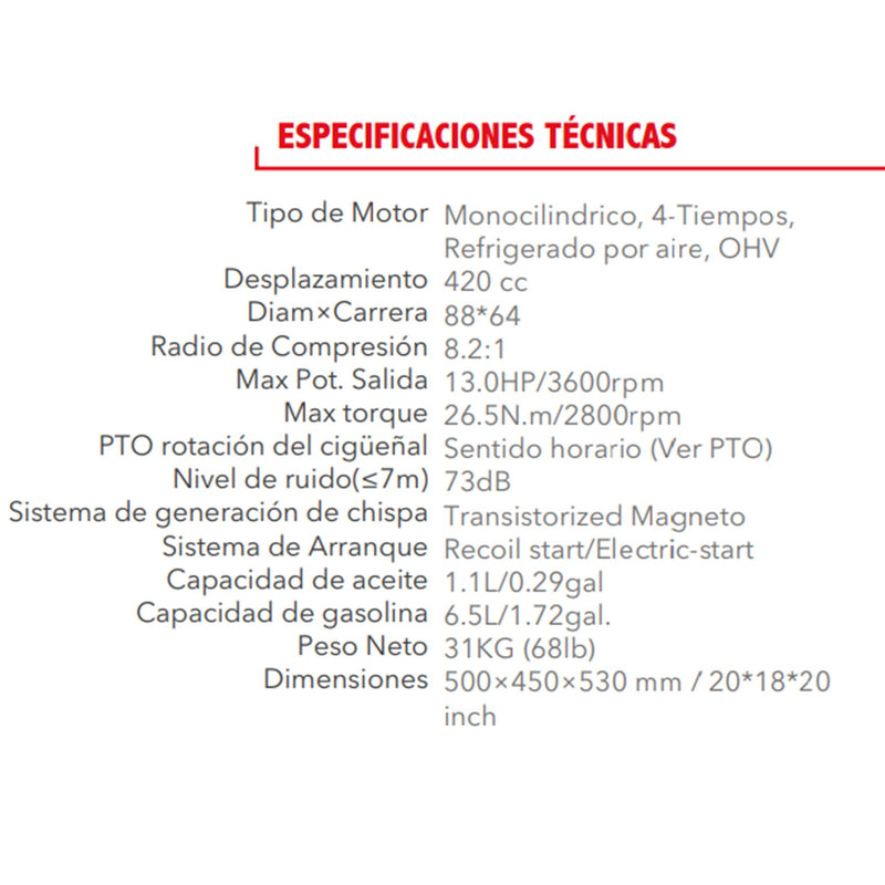 Motor Gasolina Cuatro Tiempos De 13 Hp Eje Roscado TX188FAR