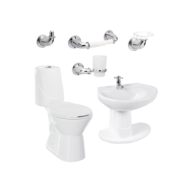 Combo Happy II Blanco sanitario, lavamanos con semipedestal, grifería y accesorios