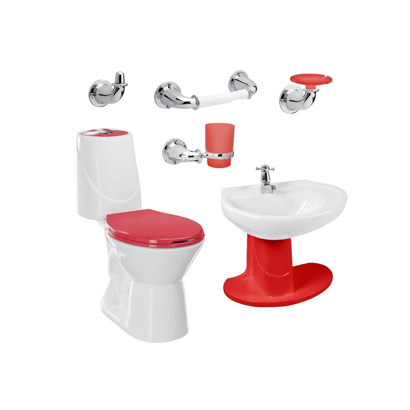 Combo Happy II Rojo: sanitario, lavamanos con semipedestal, grifería y accesorios