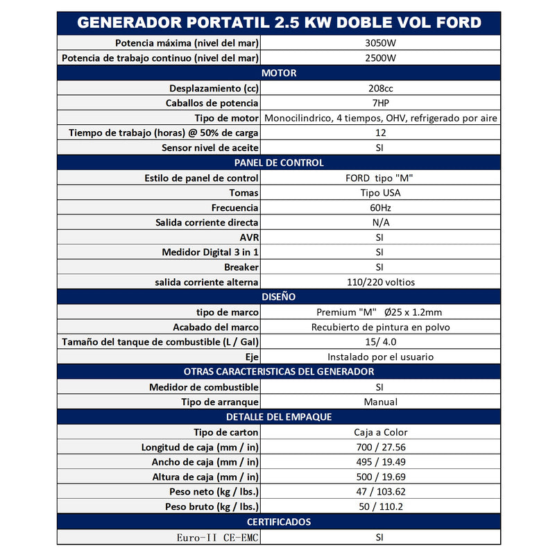 Generador Portátil Abierto Potencia de 2.5KW Ford