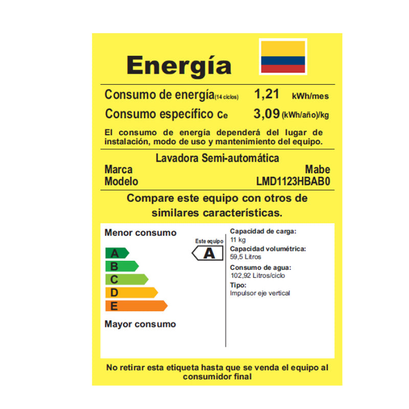 Lavadora Semiautomatica de 11 KG 24 Libras Blanco LMD1123HBAB0