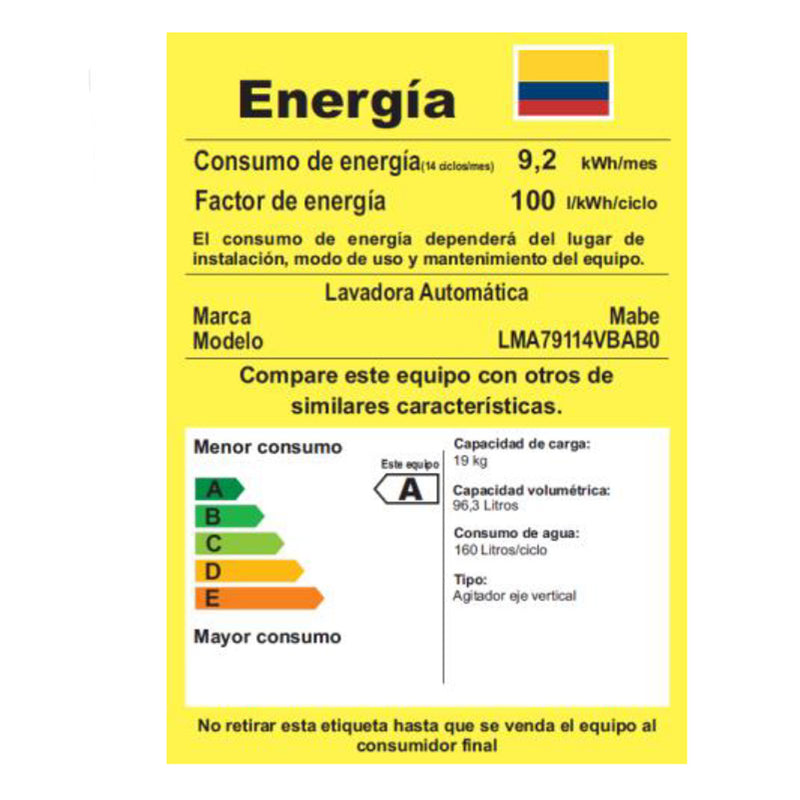 Lavadora Automática Mabe Agitador de 19 Kg Blanco LMA79114VBAB0