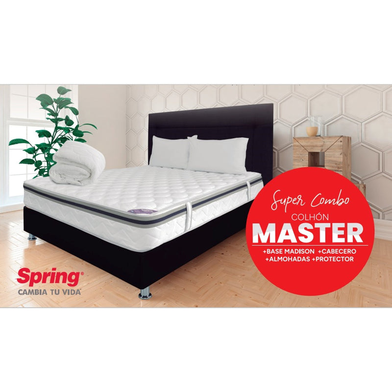 Combo Colchón Master de 140x190 + Base Cama Madison + Cabecero Negro + Protector + Almohadas