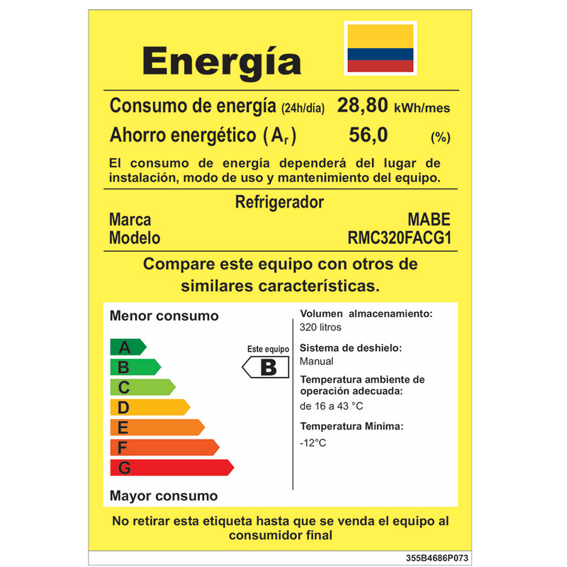 Nevera Frost Mabe 320Lt 2 Puertas Grafito. RMC320FACG1