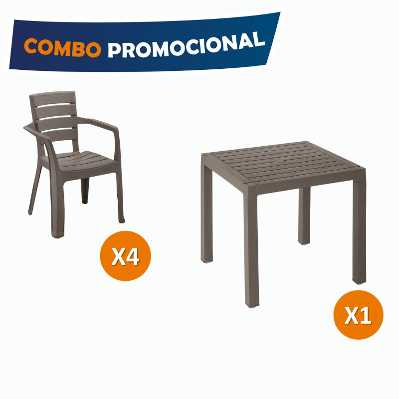 Combo Barú 1 Mesa + 4 Sillas con Brazo Mocca