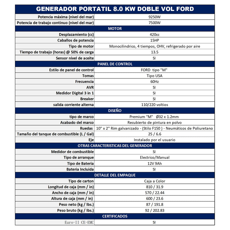 Generador Portátil Abierto Potencia de 8.0KW con Ruedas Ford