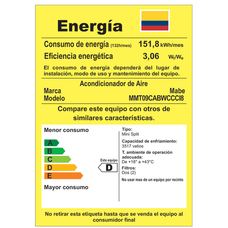 Aire Conv Mabe On/Off 9000BTU 110V Color Blanco